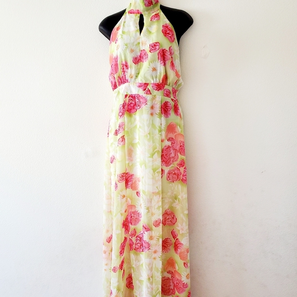 Ella Samani Women's Pink Floral Halter Neck Slim Maxi Dress Size M - Picture 2 of 10